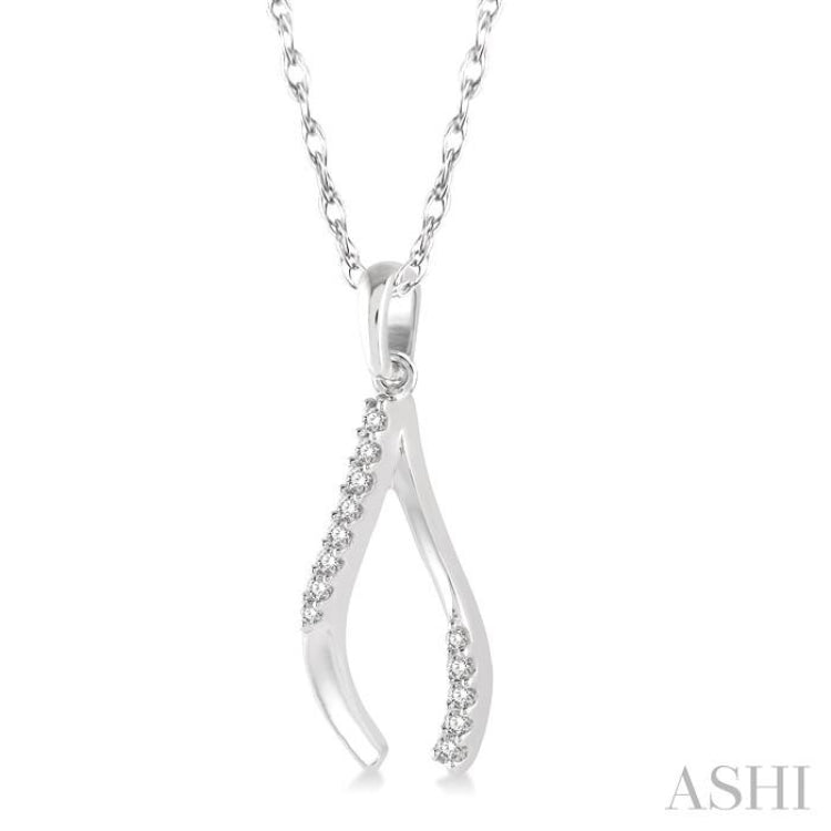1/10 Ctw Wishbone Charm Round Cut Diamond Pendant With Link Chain in 10K White Gold