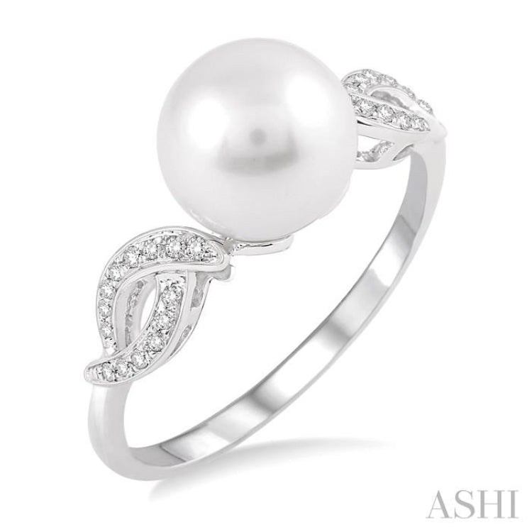 8x8 MM Round Cut Cultured Pearl and 1/20 Ctw Round Cut Diamond Ring in 14K White Gold