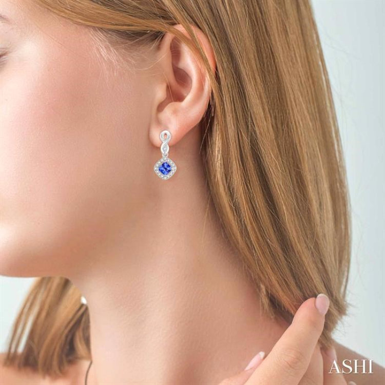 4x4 MM Cushion Shape Tanzanite and 1/5 Ctw Round Cut Diamond Earrings in 10K White Gold