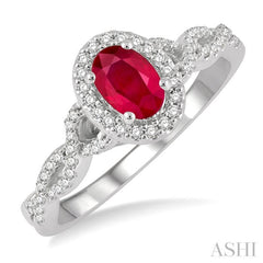 6x4 MM Oval Shape Center Stone Ruby and 1/5 Ctw Split Entwined Shank Round Cut Diamond Precious Ring in 10K White Gold