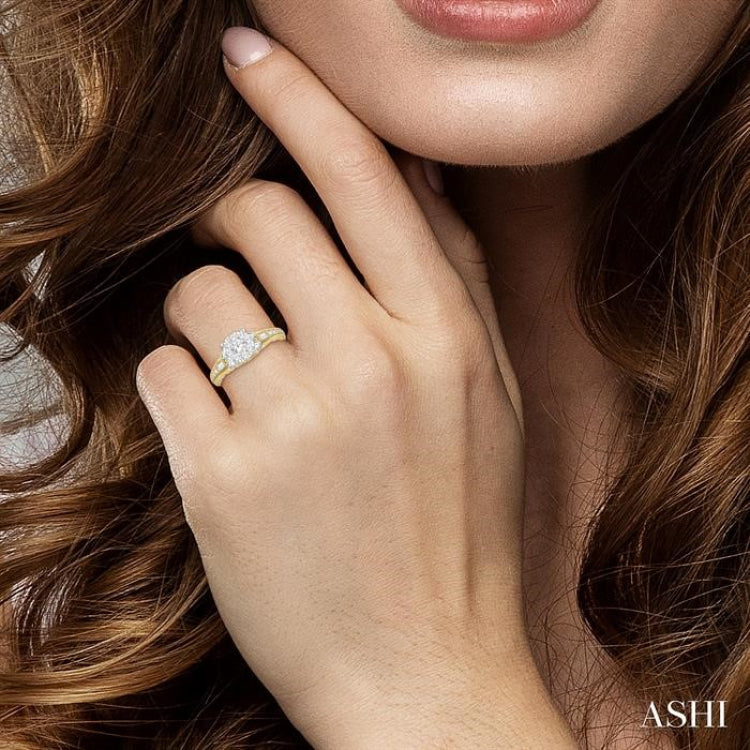 7/8 Ctw Circular Mount Lovebright Round Cut and Baguette Diamond Engagement Ring in 14K Yellow and White Gold