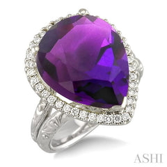 16x13 MM Pear Shape Amethyst and 1/3 Ctw Round Cut Diamond Semi-Precious Ring in 14K White Gold