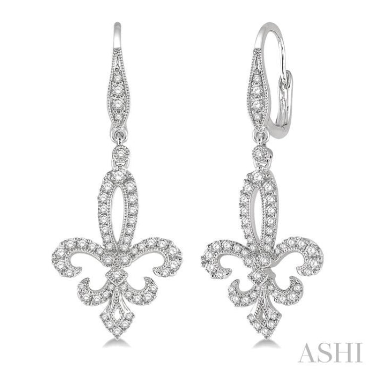 3/4 Ctw Fleur De Lis Round Cut Diamond Hanging Earrings in 14K White Gold