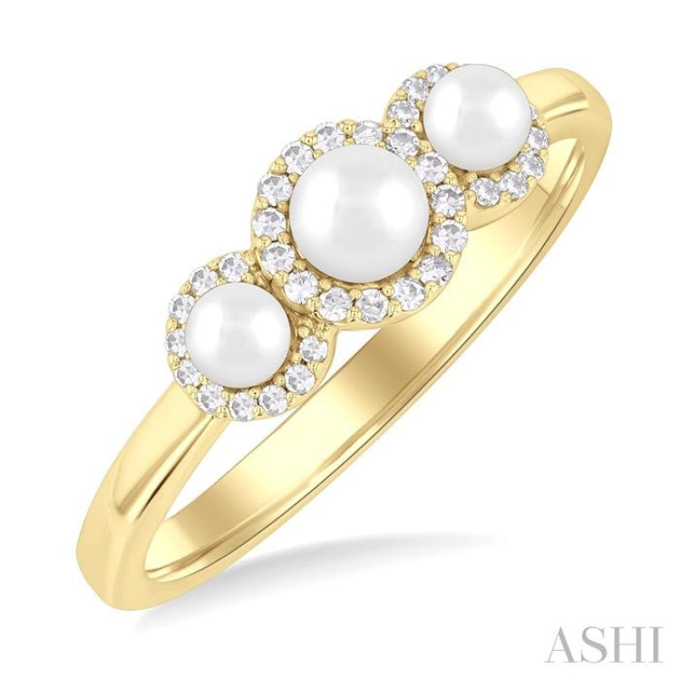 1/8 Ctw Past, Present & Future 4MM & 3MM Cultured Pearl and Round Cut Diamond Halo Ring in 14K Yellow Gold