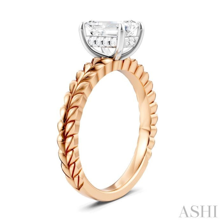 1/20 Ctw Emerald Shape Round Cut Diamond Semi-Mount Engagement Ring in 14K Rose and White Gold