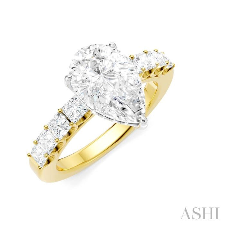 7/8 Ctw Pear Shape Princess and Round Cut Diamond Semi-Mount Engagement Ring in 14K Yellow and White Gold