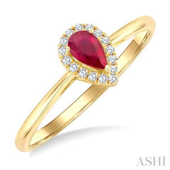 5x3 MM Pear Shape Ruby and 1/20 Ctw Round Cut Diamond Halo Precious Ring in 14K Yellow Gold