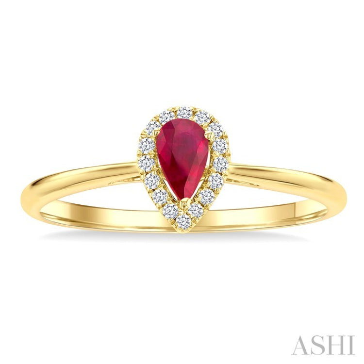 5x3 MM Pear Shape Ruby and 1/20 Ctw Round Cut Diamond Halo Precious Ring in 14K Yellow Gold
