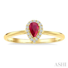 5x3 MM Pear Shape Ruby and 1/20 Ctw Round Cut Diamond Halo Precious Ring in 14K Yellow Gold