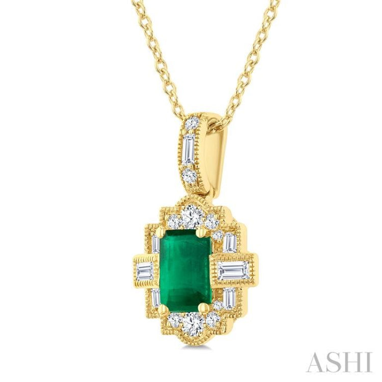 6X4 MM Octagon Shape Emerald and 1/4 Ctw Round and Baguette Cut Diamond Precious Pendant With Chain in 14K Yellow Gold