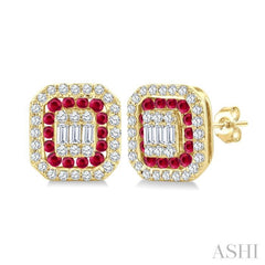 1/3 Ctw Octagonal Shape 1.25 MM Round Cut Ruby, Baguette and Round Cut Diamond Fusion Precious Stud Earrings in 14K Yellow Gold