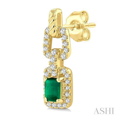 1/4 Ctw 4X3MM Octagon Shape Emerald and Round Cut Diamond Halo Precious Link Earring in 14K Yellow Gold