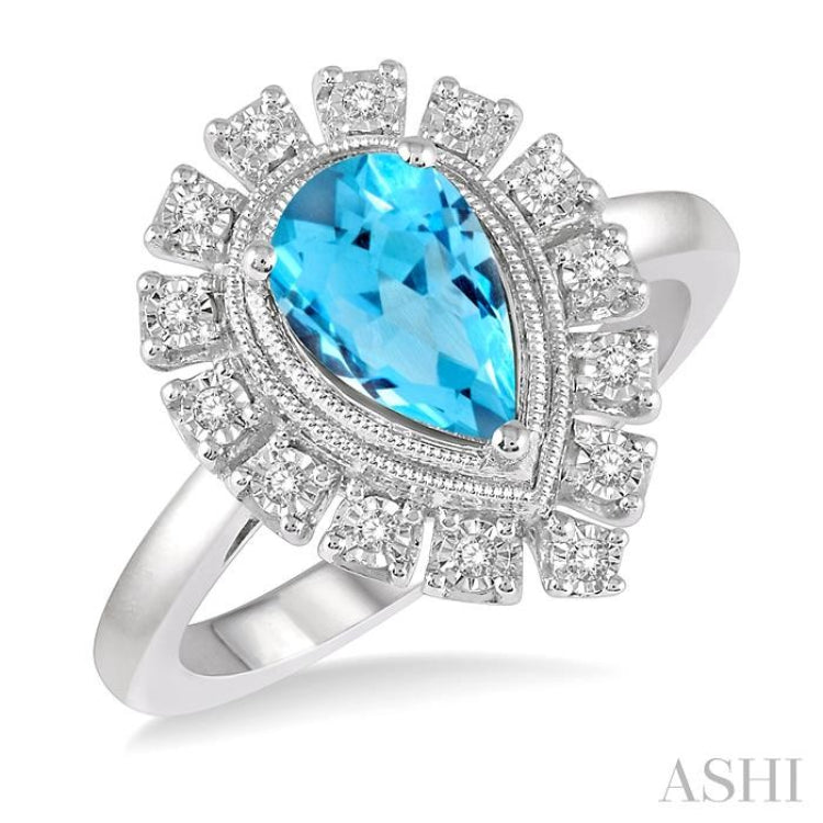 9x6 MM Pear Shape Blue Topaz and 1/10 Ctw Lattice Round Cut Diamond Semi-Precious Ring in 10K White Gold