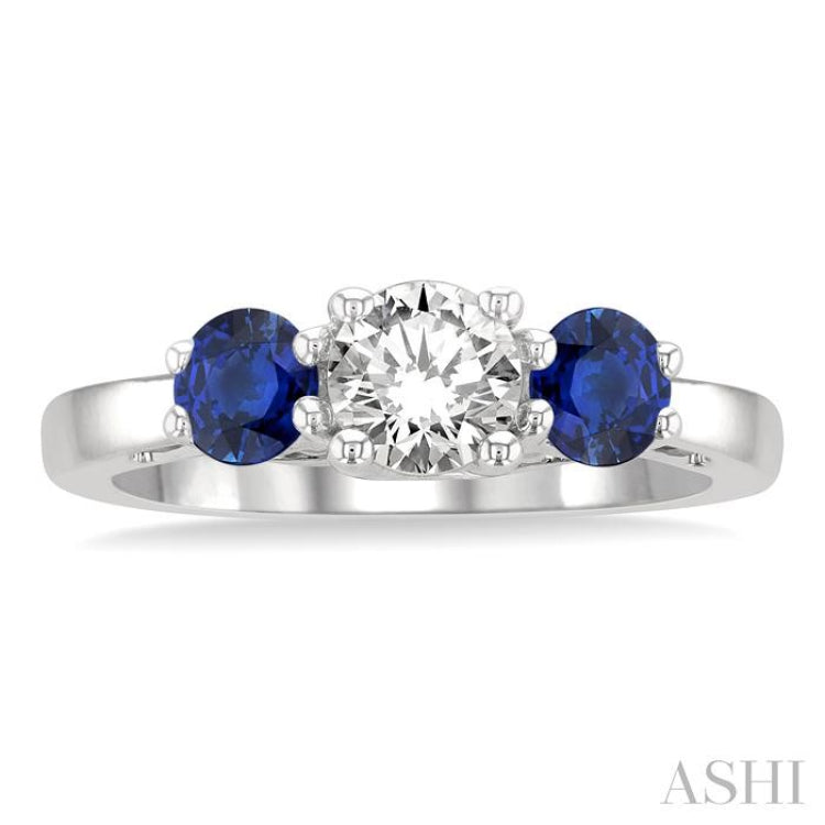 4.30 MM Round Shape Sapphire and 5/8 Ctw Past Present and Future Round Cut Diamond Precious Ring in 14K White Gold