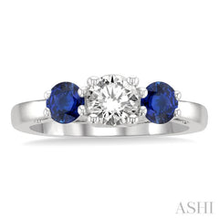 4.30 MM Round Shape Sapphire and 5/8 Ctw Past Present and Future Round Cut Diamond Precious Ring in 14K White Gold