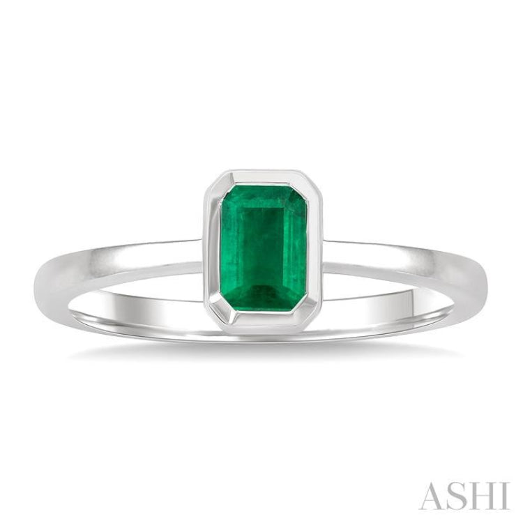 6X4 MM Bezel Set Emerald Precious Solitaire Ring in 14K White Gold
