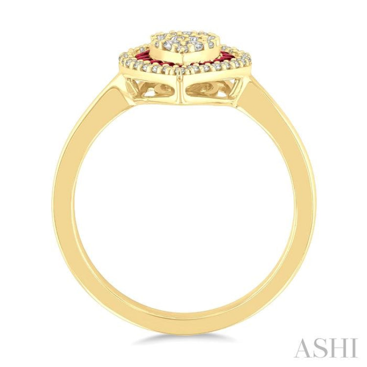 1/4 Ctw Pear Shape 1.25MM & 1.45MM Round Cut Ruby, Baguette and Round Cut Diamond Precious Fusion Ring in 14K Yellow Gold