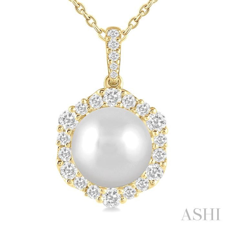 10 MM Cultured Pearl and 5/8 Ctw Hexagon Shape Round Cut Diamond Pendant With Chain in 14K Yellow Gold