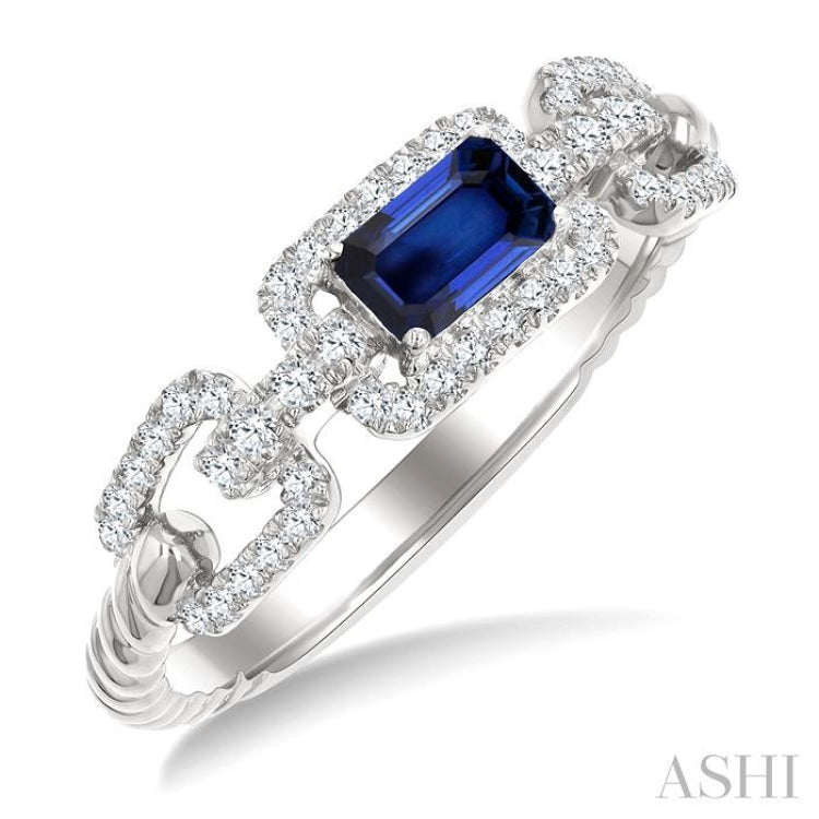 1/4 Ctw 5X3MM Octagon Shape Sapphire and Round Cut Diamond Precious Rectangular Open Link Fashion Ring in 14K White Gold