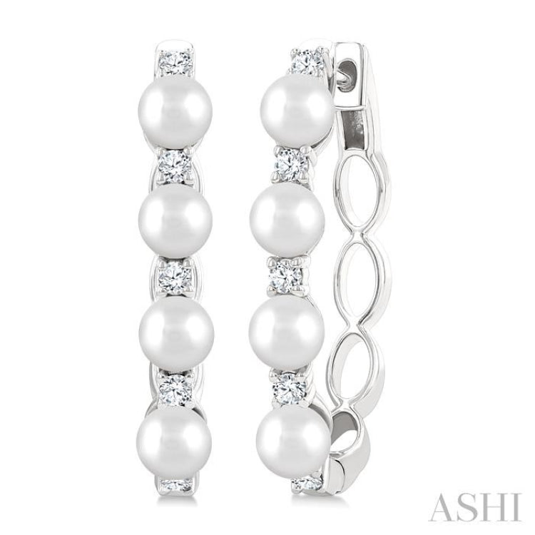 1/4 Ctw 4MM White Pearl and Round Cut Diamond Fashion Hoop Earrings in 14K White Gold