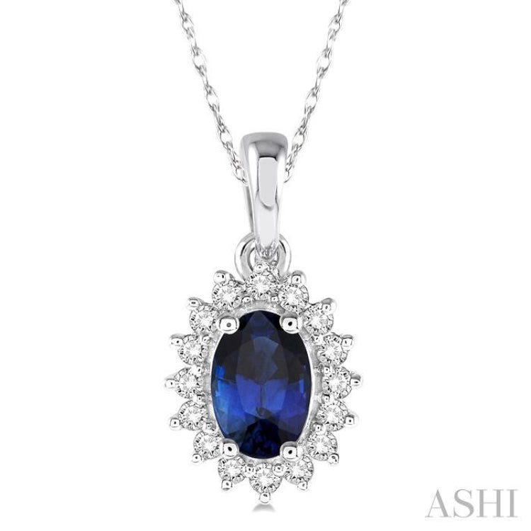 6x4 MM Oval Cut Sapphire Center Sunflower and 1/8 Ctw Round Cut Diamond Precious Pendant in 10K White Gold with chain