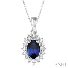 6x4 MM Oval Cut Sapphire Center Sunflower and 1/8 Ctw Round Cut Diamond Precious Pendant in 10K White Gold with chain