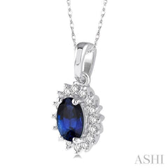 6x4 MM Oval Cut Sapphire Center Sunflower and 1/8 Ctw Round Cut Diamond Precious Pendant in 10K White Gold with chain