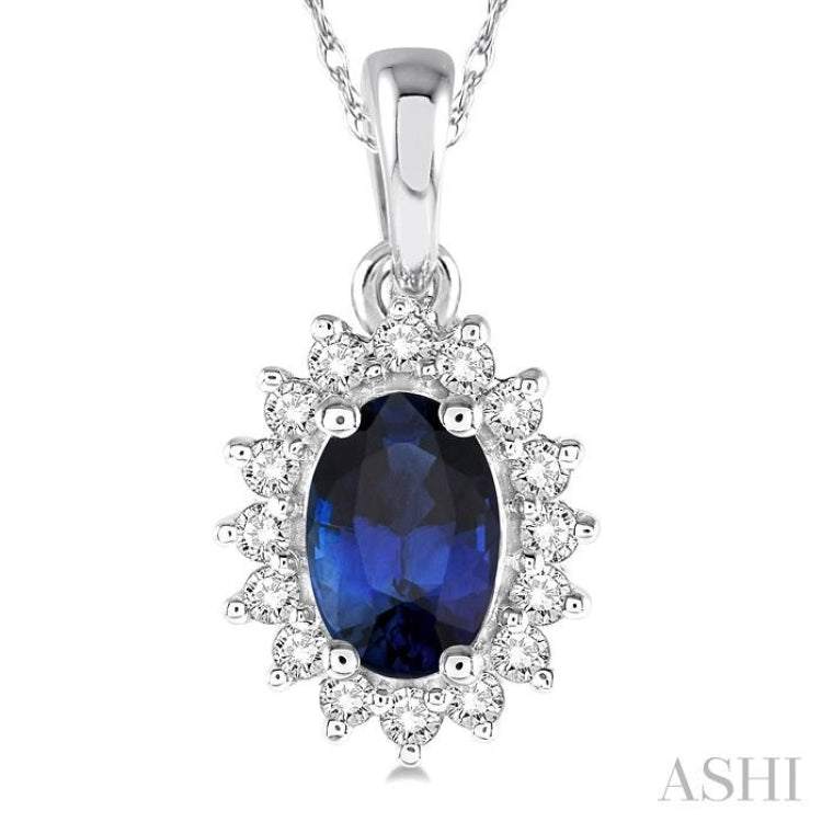 6x4 MM Oval Cut Sapphire Center Sunflower and 1/8 Ctw Round Cut Diamond Precious Pendant in 10K White Gold with chain