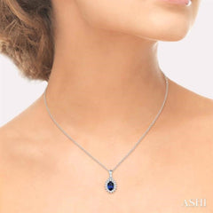 6x4 MM Oval Cut Sapphire Center Sunflower and 1/8 Ctw Round Cut Diamond Precious Pendant in 10K White Gold with chain