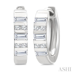 1/4 Ctw Ribbed Baguette and Round Cut Diamond Huggie Petite Earring in 10K White Gold