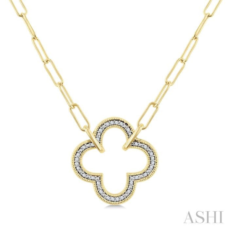 1/10 Ctw Clover Frame Round Cut Diamond Fashion Pendant With Paperclip Chain in Yellow Gold Vermeil