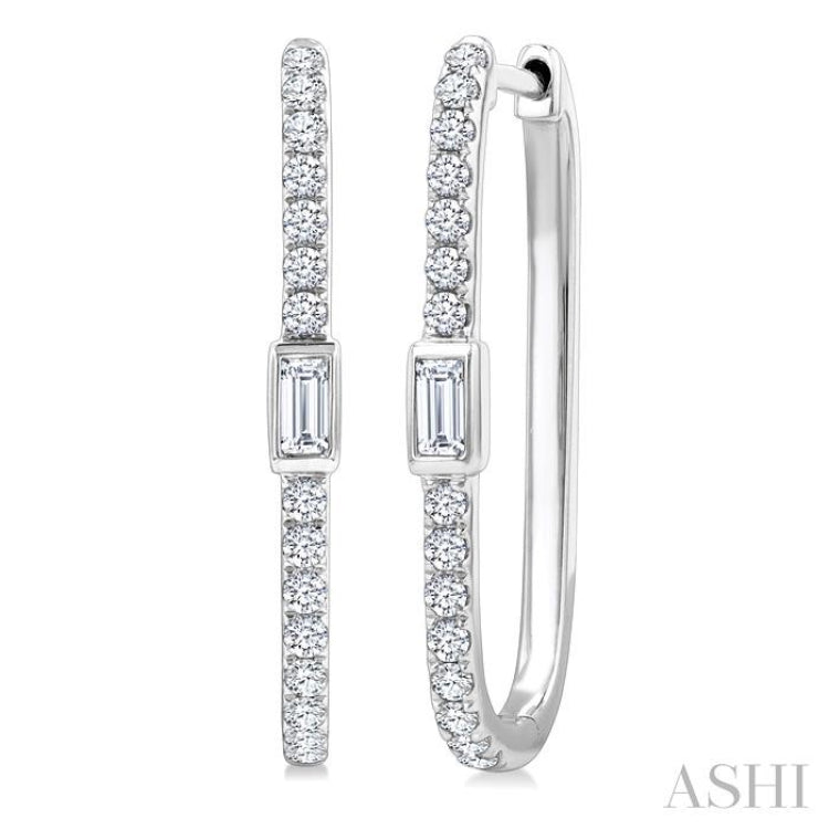 3/8 Ctw Rectangular Shape Baguette and Round Cut Diamond Fashion Hoop Earrings in 14K White Gold