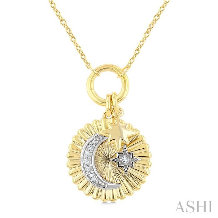 1/20 Ctw Fluted Medallion Crescent Moon & Star Charm Round Cut Diamond Fashion Pendant With Chain in 10K Yellow and White Gold