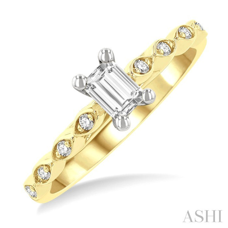 1/10 Ctw Emerald Shape Round Cut Diamond Semi-Mount Engagement Ring in 14K Yellow and White Gold