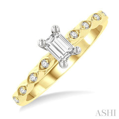 1/10 Ctw Emerald Shape Round Cut Diamond Semi-Mount Engagement Ring in 14K Yellow and White Gold