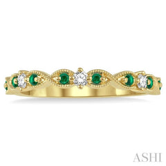 1.35 MM Emerald and 1/10 Ctw Round Cut Diamond Precious Wedding Band in 14K Yellow Gold