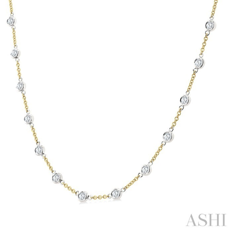 2 Ctw Bezel Set Round Cut Diamond Station Necklace in 14K Yellow and White Gold