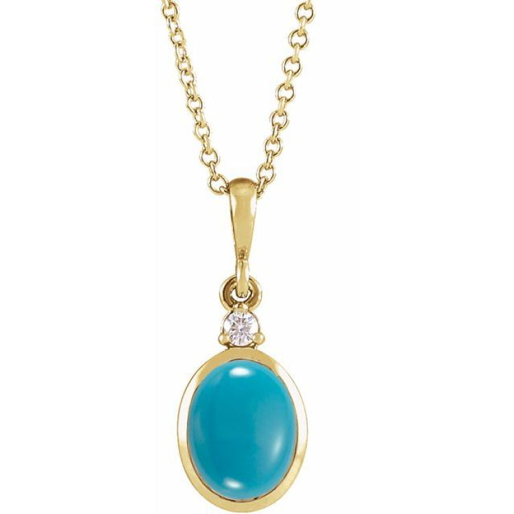 14K Yellow Gold 8x6 mm Natural Turquoise & .03 CT Natural Diamond 16-18" Necklace