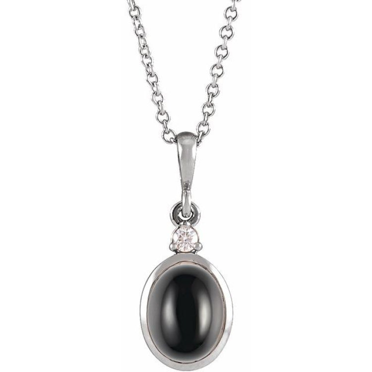 14K White Gold 6x4 mm Natural Black Onyx & .015 CT Natural Diamond 16-18" Necklace