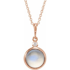14K Rose Gold 6 mm Natural Rainbow Moonstone & .03 CT Natural Diamond Cabochon 16-18" Necklace