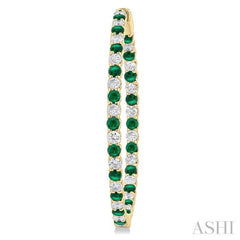 2.5 MM Round Cut Emerald and 2 1/2 Ctw Round Cut Diamond Precious Inside-Out Alternating Hoop Earrings in 14K Yellow Gold