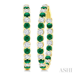 2.9 MM Round Emerald and 2 5/8 Ctw Round Cut Diamond Inside & Outside Alternating Precious Hoop Earrings in 14K Yellow Gold