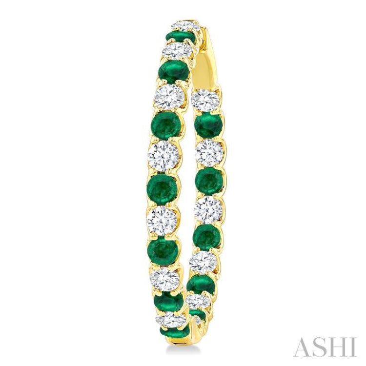 2.9 MM Round Emerald and 2 5/8 Ctw Round Cut Diamond Inside & Outside Alternating Precious Hoop Earrings in 14K Yellow Gold