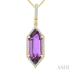 16X6 MM Evoque Gemstones Hexagon Shape Amethyst and 1/5 Ctw Round Cut Diamond Semi-Precious Pendant With Chain in 10K Yellow Gold
