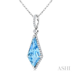 16X7 MM Kite Shape Blue Topaz and 1/5 Ctw Round Cut Diamond Semi-Precious Pendant With Chain in 10K White Gold