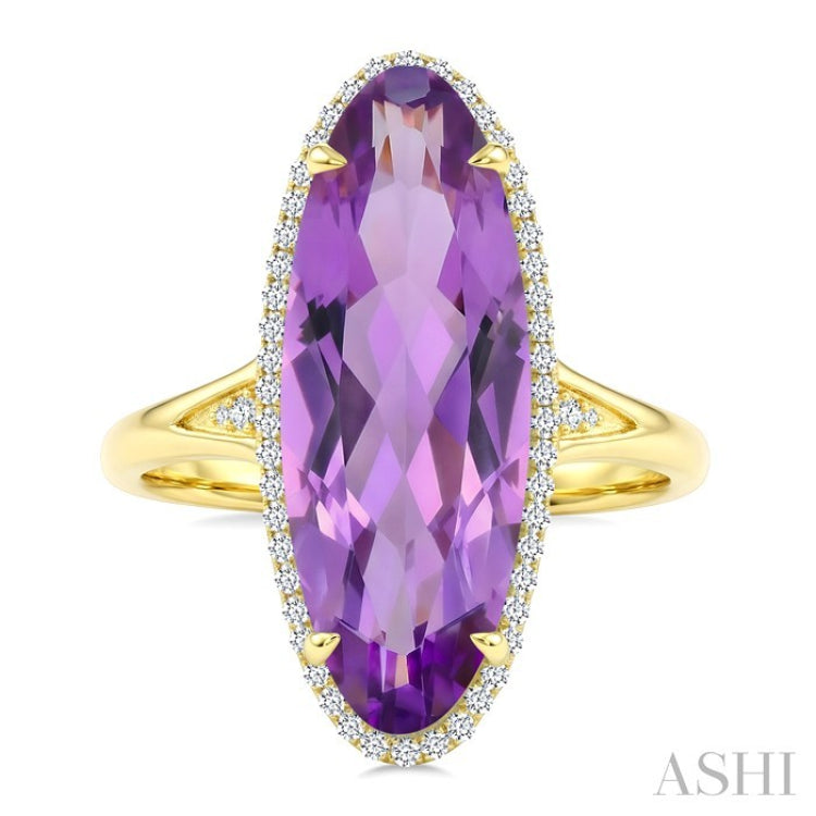 22X8 MM Evoque Gemstones Oval Shape Amethyst and 1/5 Ctw Round Cut Diamond Semi-Precious Ring in 14K Yellow Gold