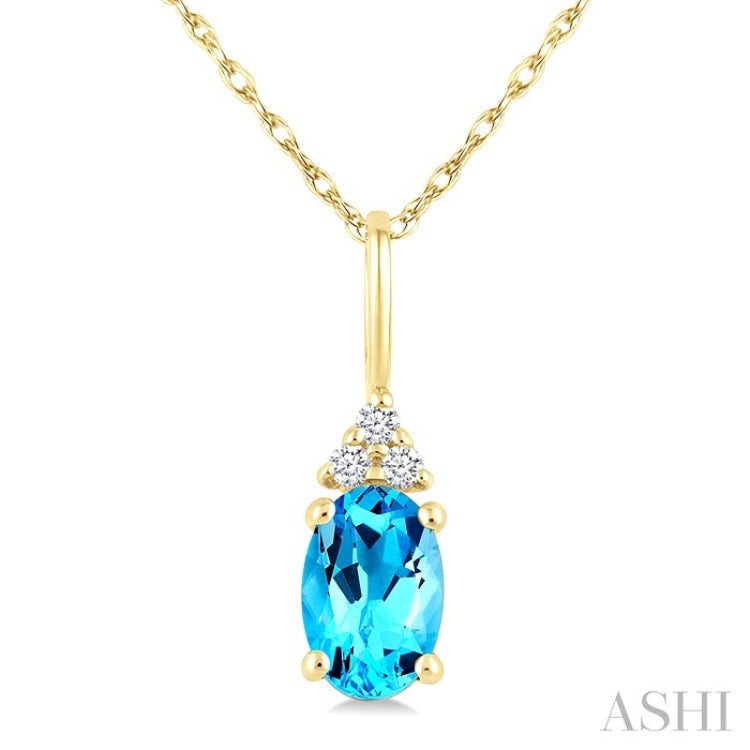 1/50 Ctw Oval Cut 6X4 MM Blue Topaz and Round Cut Diamond semi-precious Pendant With Chain in 10K Yellow Gold