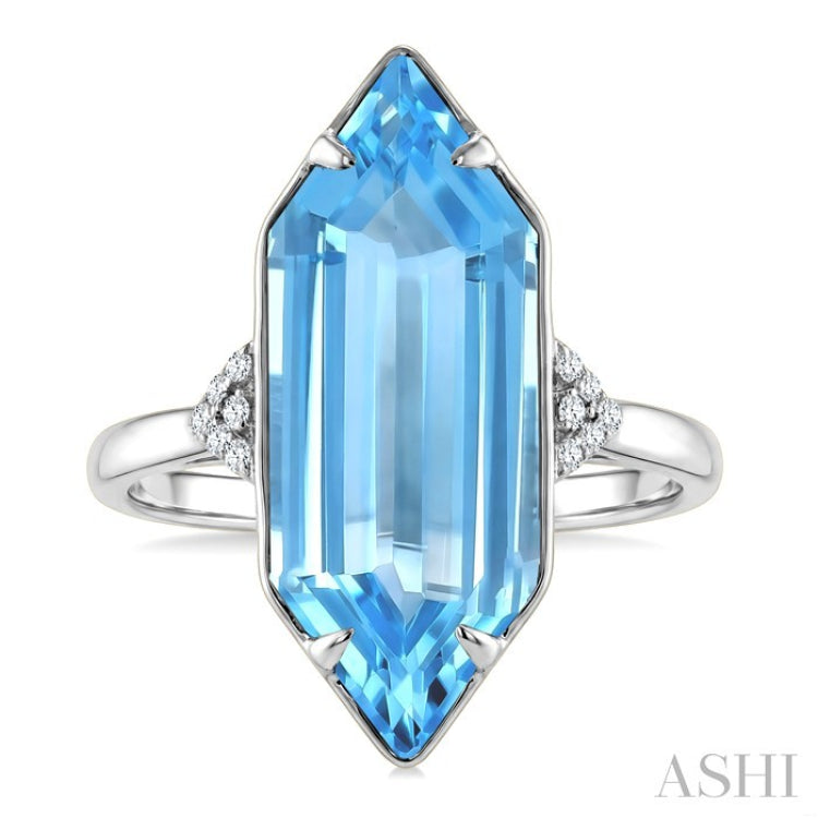 22X8 MM Hexagon Shape Blue Topaz and 1/20 Ctw Round Cut Diamond Semi-Precious Ring in 14K White Gold