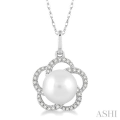 7 MM Cultured Pearl and 1/8 Ctw Round Cut Diamond Pendant in 14K White Gold with Chain