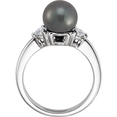 14K White Gold Cultured Black Akoya Pearl & 1/4 CTW Natural Diamond Ring